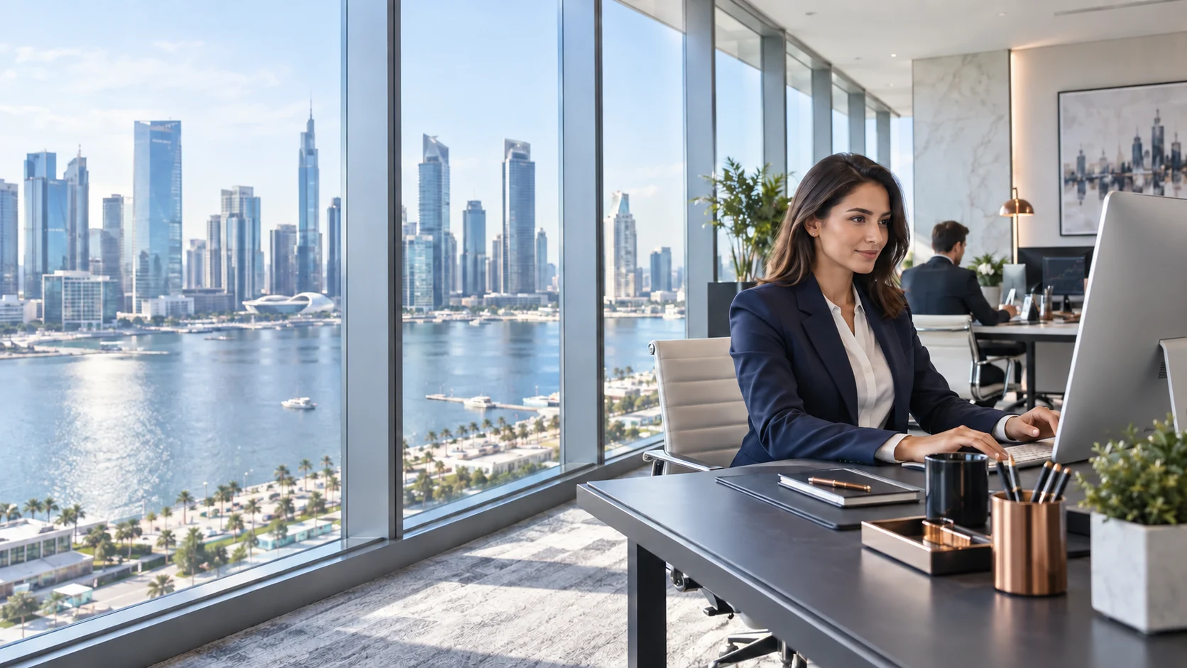 Illustrative trading professional in a modern financial workspace