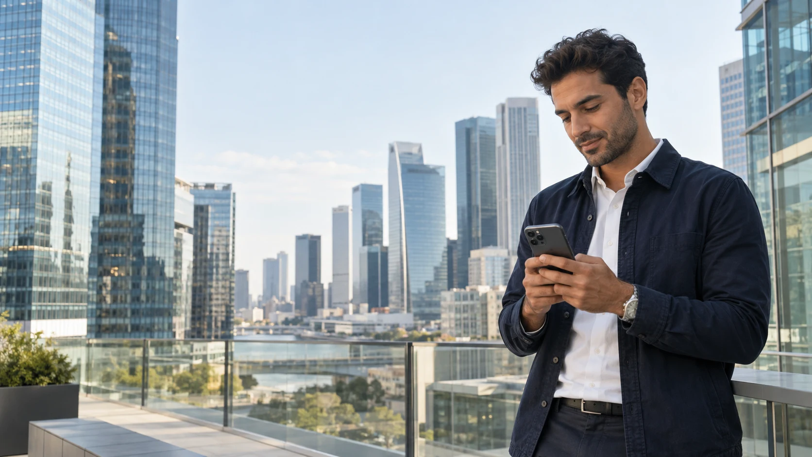Illustrative scene of a mobile user in a global financial district