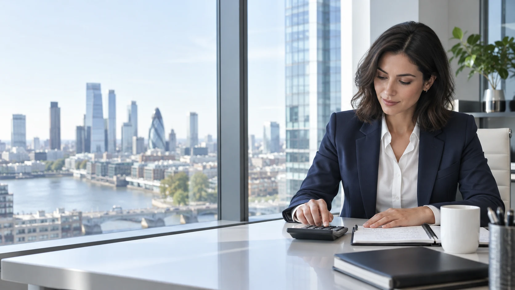 Illustrative scene of a professional planning at a desk with a calculator