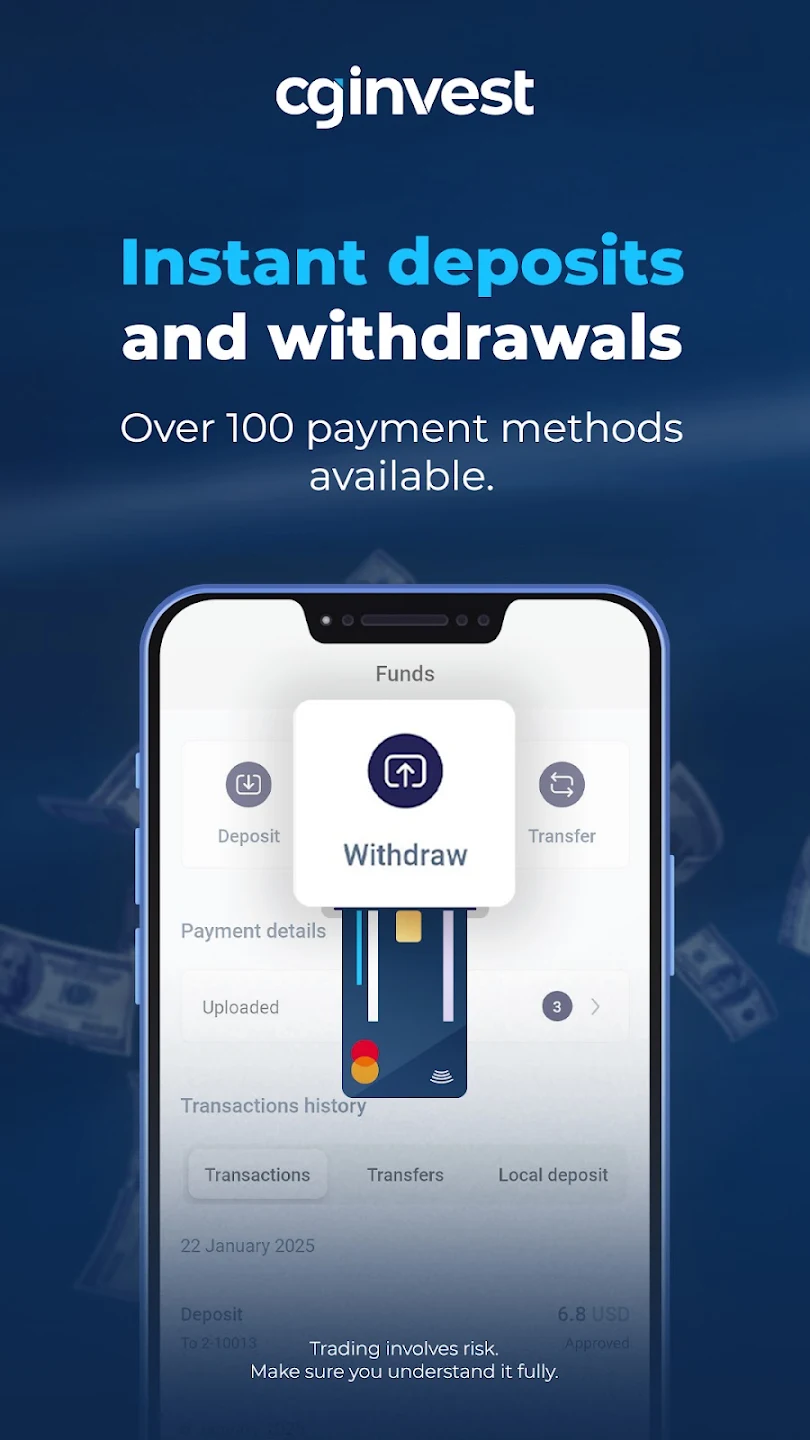 CG Invest mobile app funding and withdrawal interface