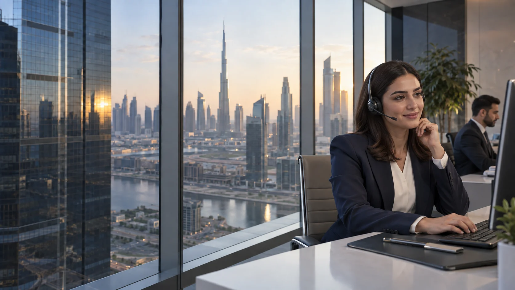 Illustrative client support specialist in a modern office