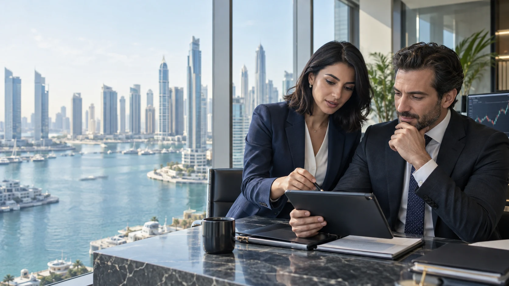 Illustrative scene of two trading professionals reviewing market analysis